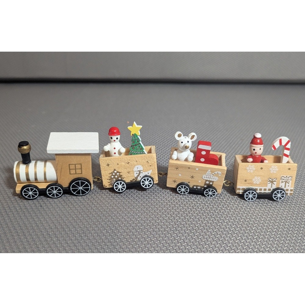 VTG Miniature Wooden Christmas Train 4 Piece Holiday Decor Natural Wood
